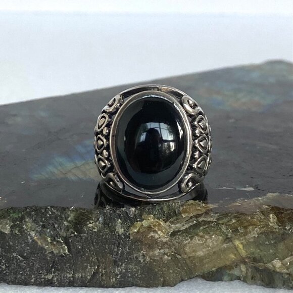 Sterling Silver 925 Chunky Oval Black Onyx Cab Pierced Scrollwork Ring Sz 6.5 - Picture 11 of 16